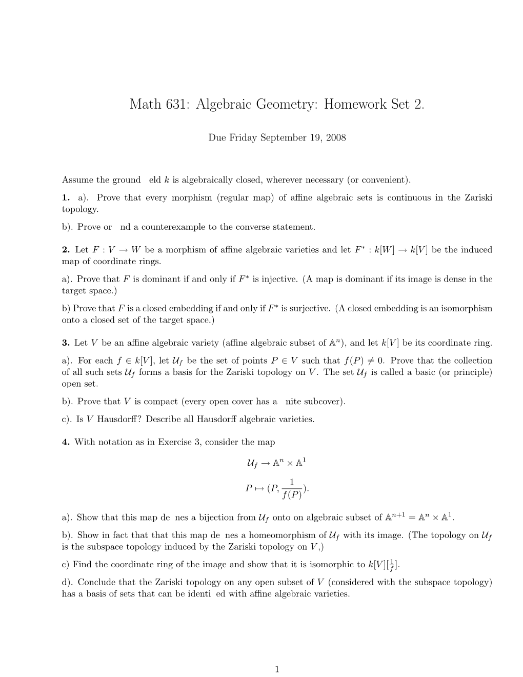 Math 631: Algebraic Geometry: Homework Set 2