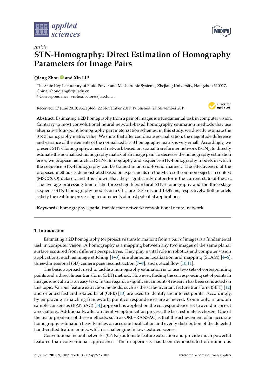 Direct Estimation of Homography Parameters for Image Pairs