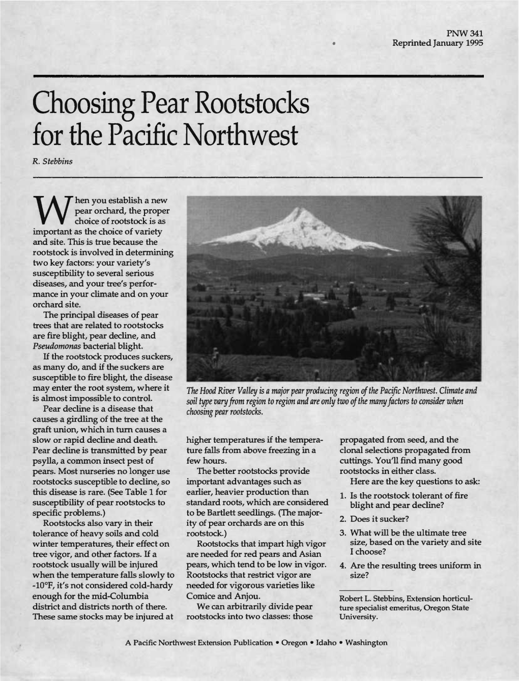 Choosing Pear Rootstocks for the Pacific Northwest R