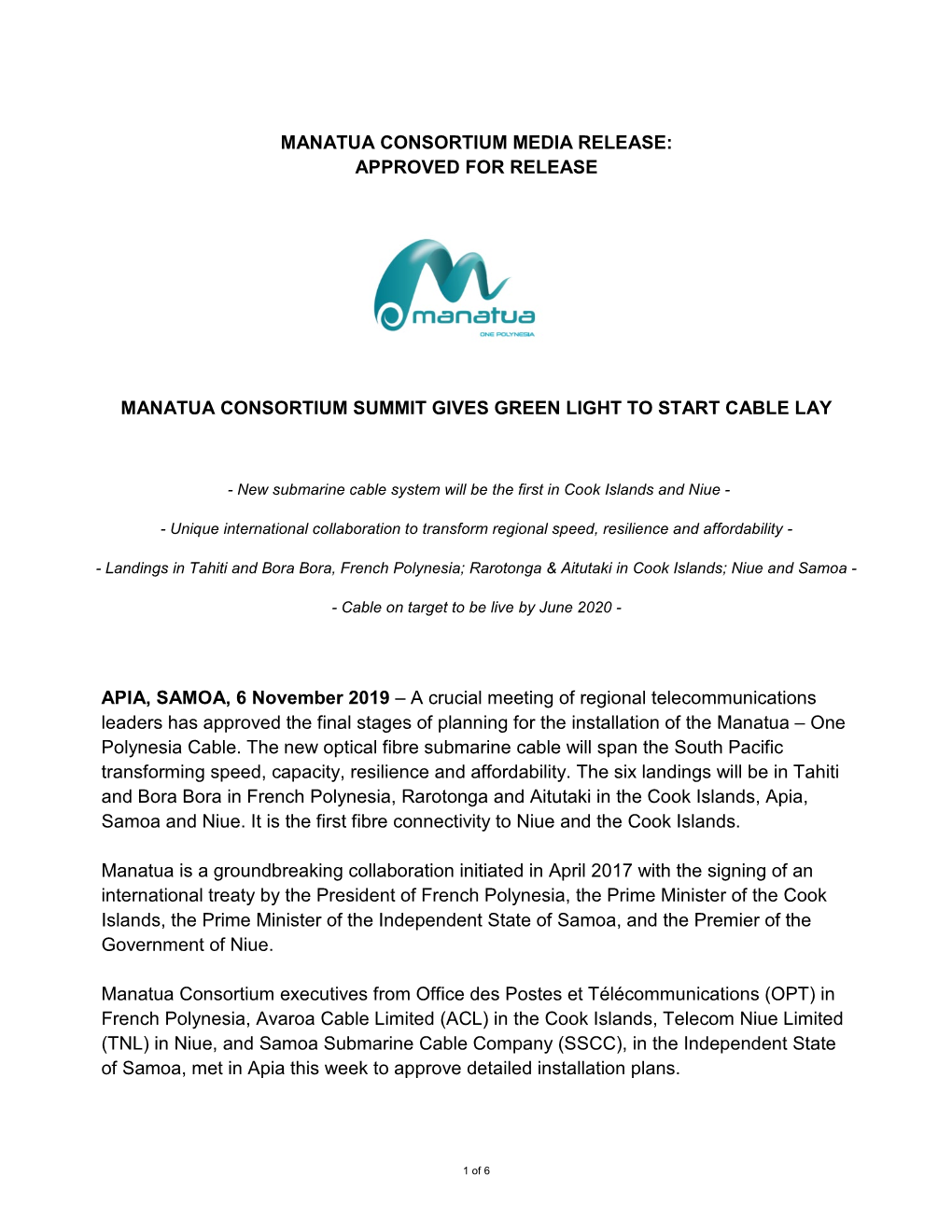 Manatua Consortium Media Release: Approved for Release