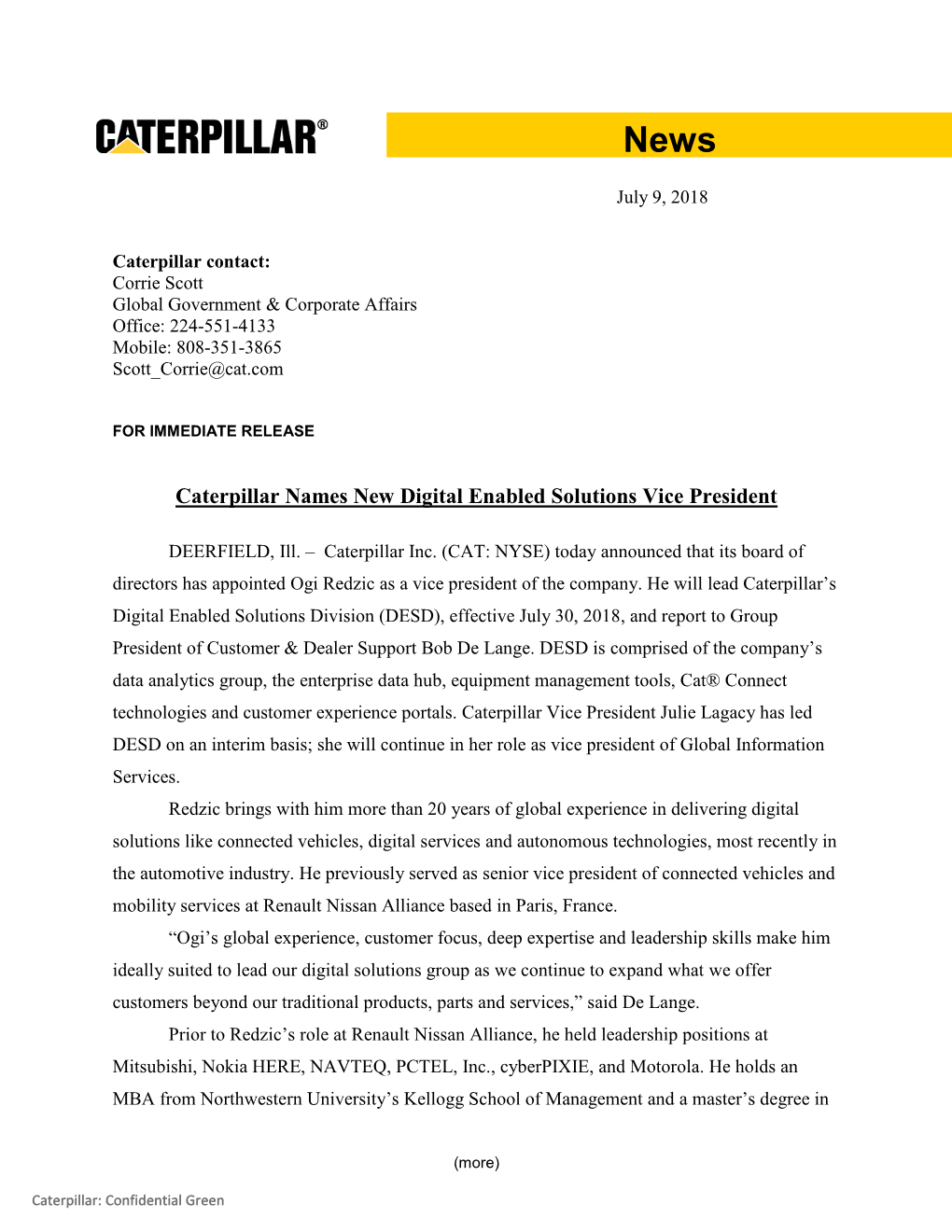 Caterpillar Names New Digital Enabled Solutions Vice President