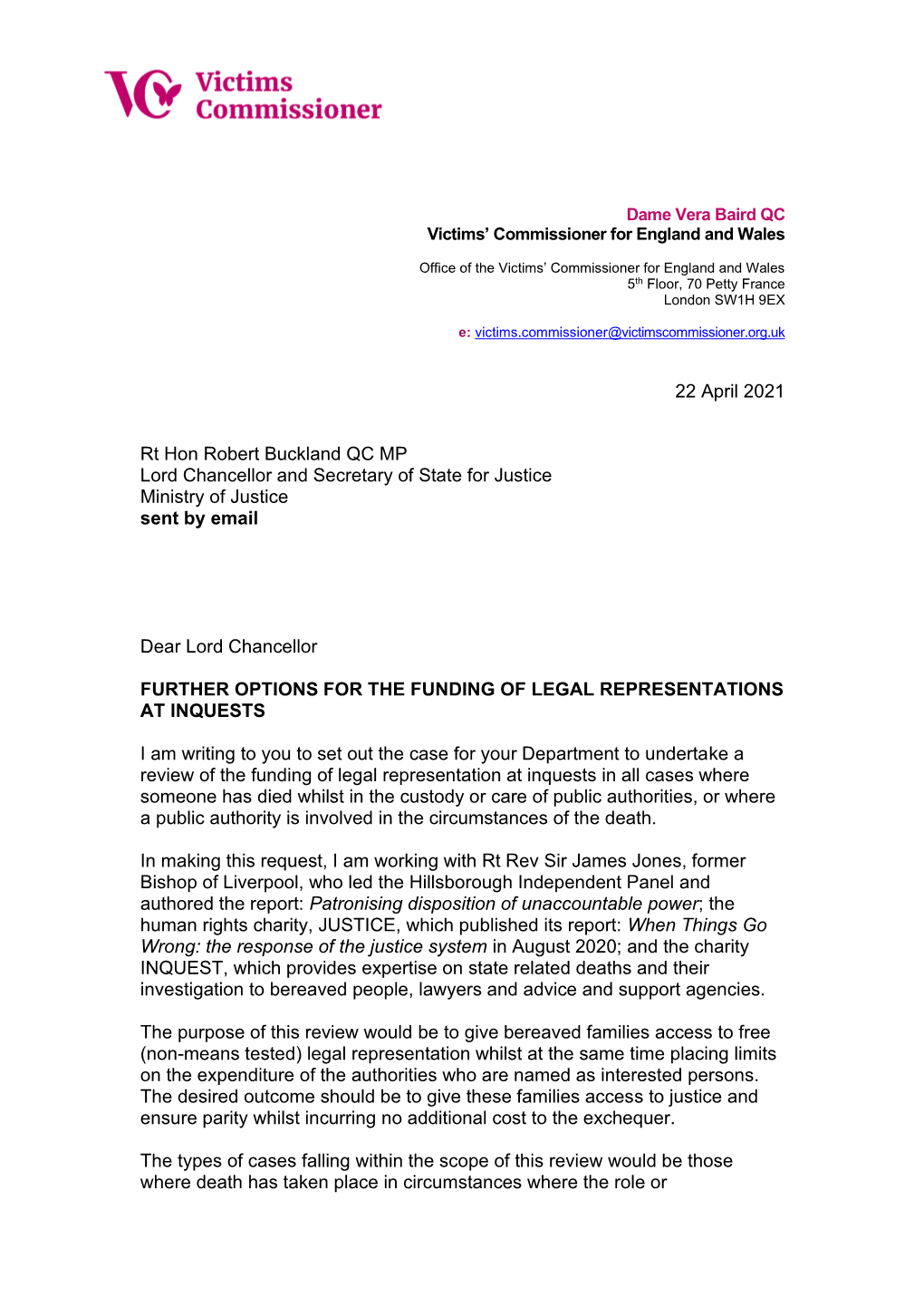 22 April 2021 Rt Hon Robert Buckland QC MP Lord Chancellor And