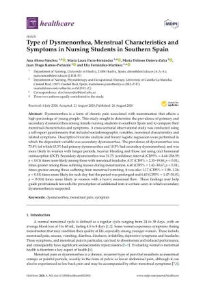 Type of Dysmenorrhea, Menstrual Characteristics and Symptoms in Nursing Students in Southern Spain