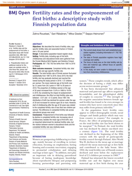 Fertility Rates and the Postponement of First Births: a Descriptive Study with Finnish Population Data