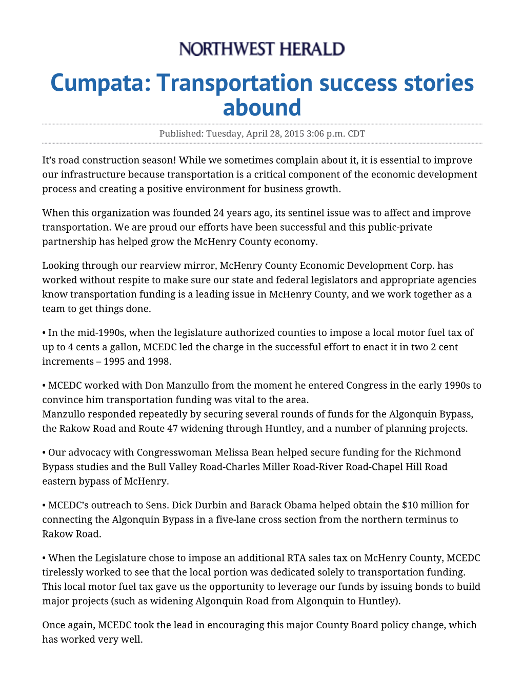 Cumpata: Transportation Success Stories Abound Published: Tuesday, April 28, 2015 3:06 P.M