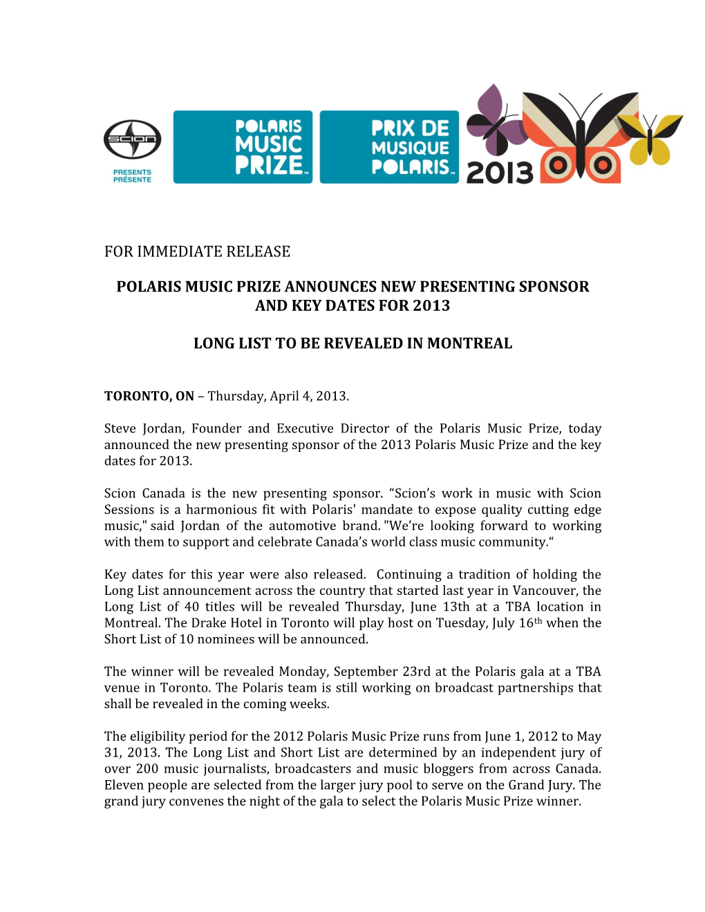 Polaris Music Prize Announces New Sponsor and Key Dates for 2013