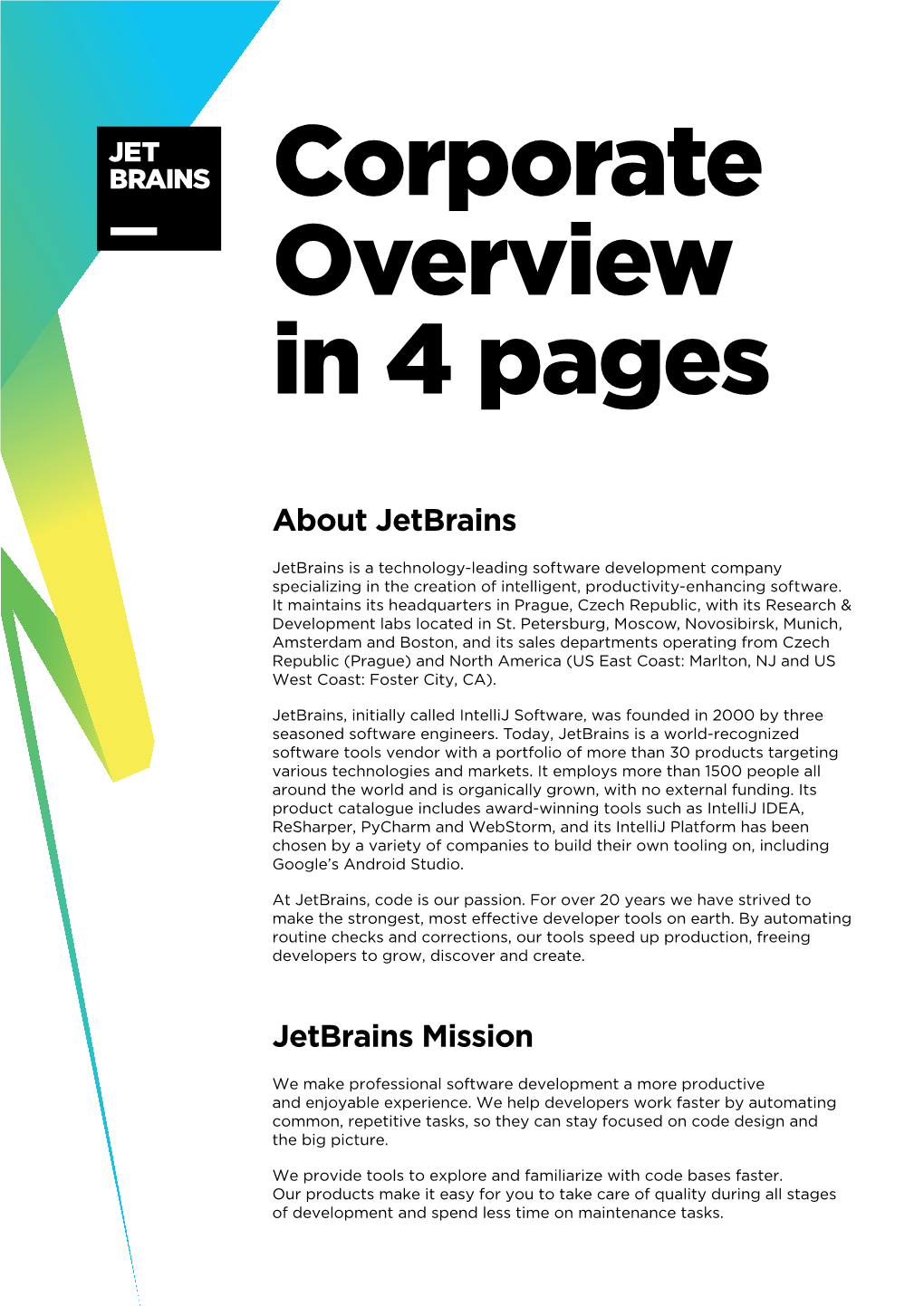 Jetbrains Corporate Overview in 4 Pages