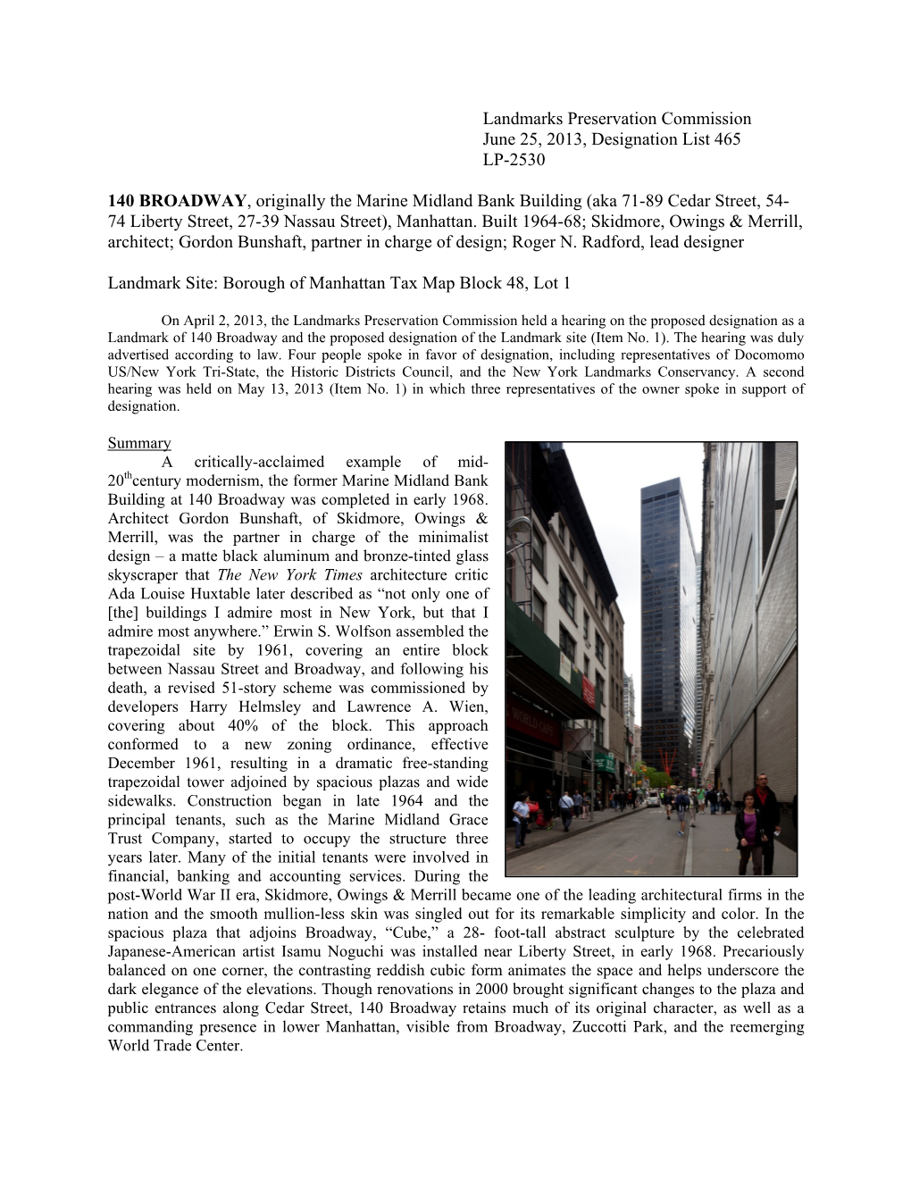 Landmarks Preservation Commission June 25, 2013, Designation List 465 LP-2530