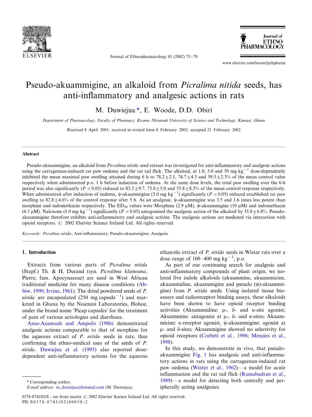 Pseudo-Akuammigine, an Alkaloid from Picralima Nitida Seeds, Has Anti-Inﬂammatory and Analgesic Actions in Rats