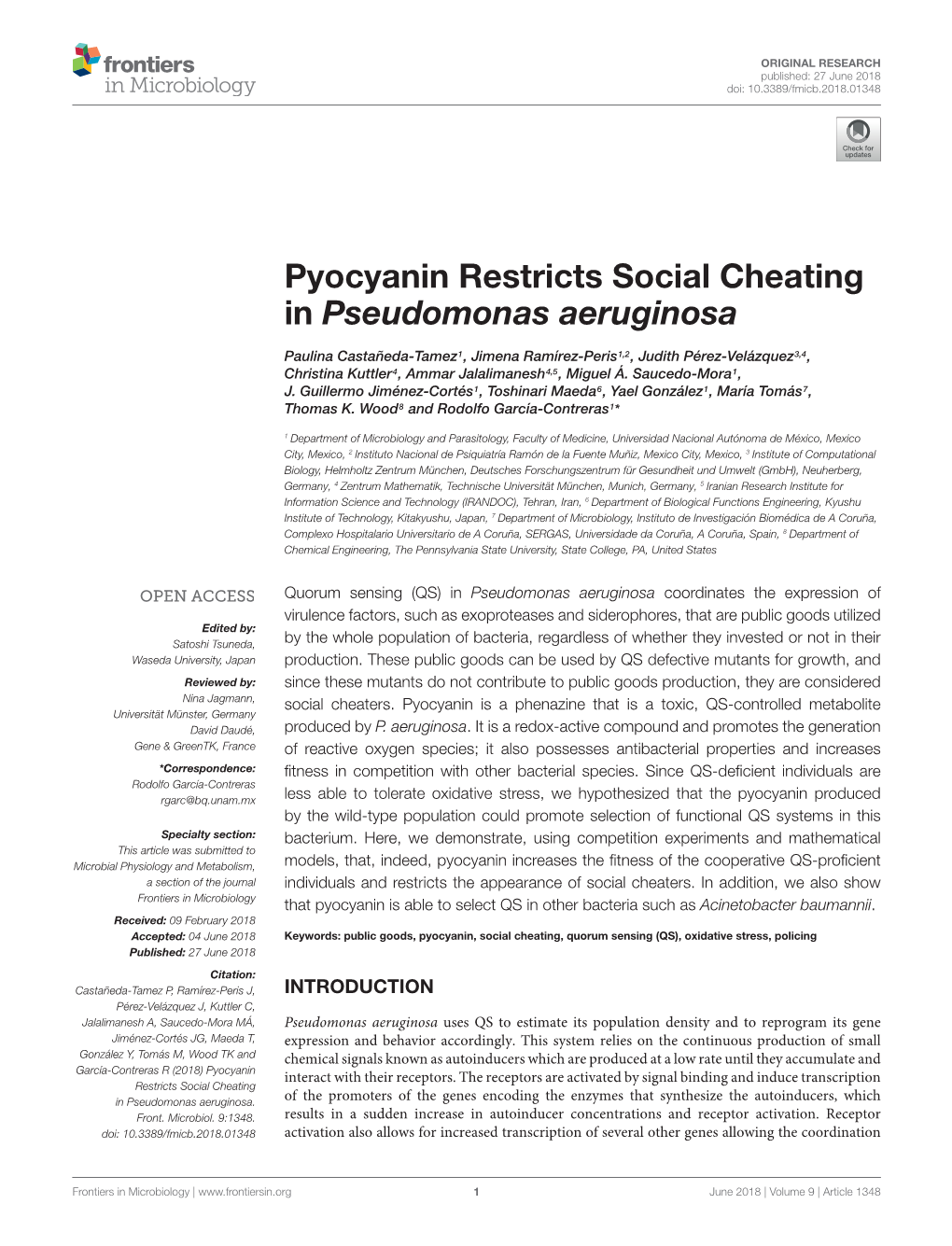 Pyocyanin Restricts Social Cheating in Pseudomonas Aeruginosa