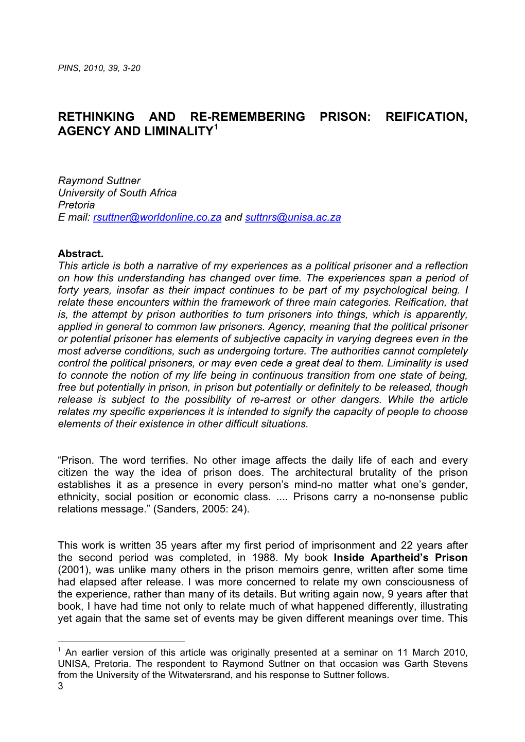 Rethinking and Re-Remembering Prison: Reification, Agency and Liminality1