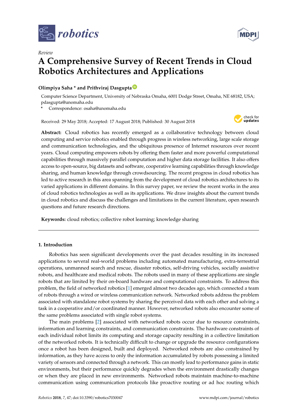 A Comprehensive Survey of Recent Trends in Cloud Robotics Architectures and Applications