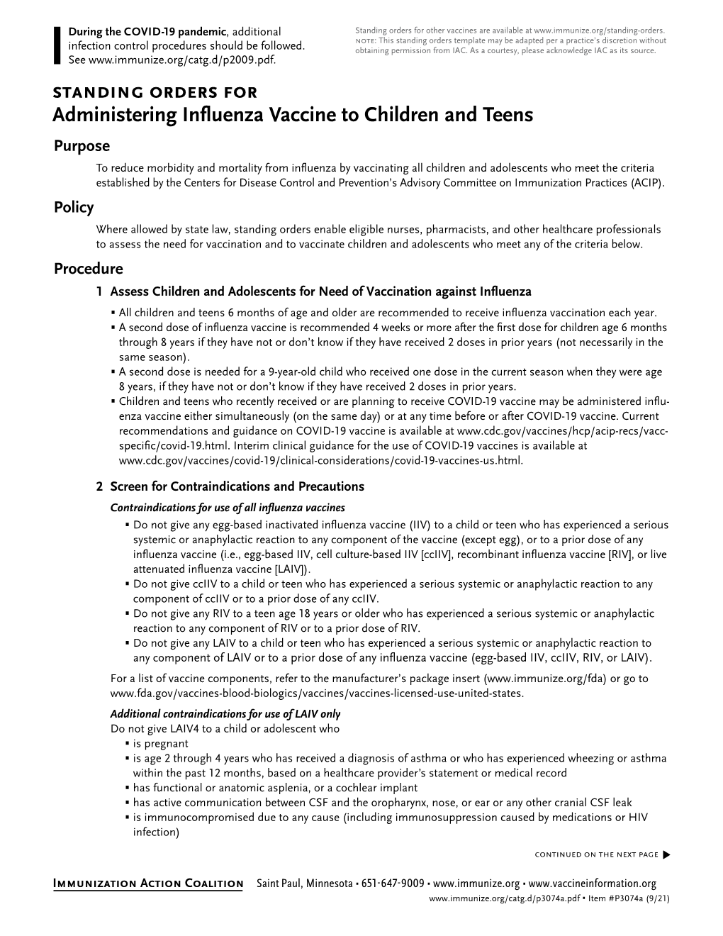 Standing Orders for Administering Influenza Vaccine to Children And