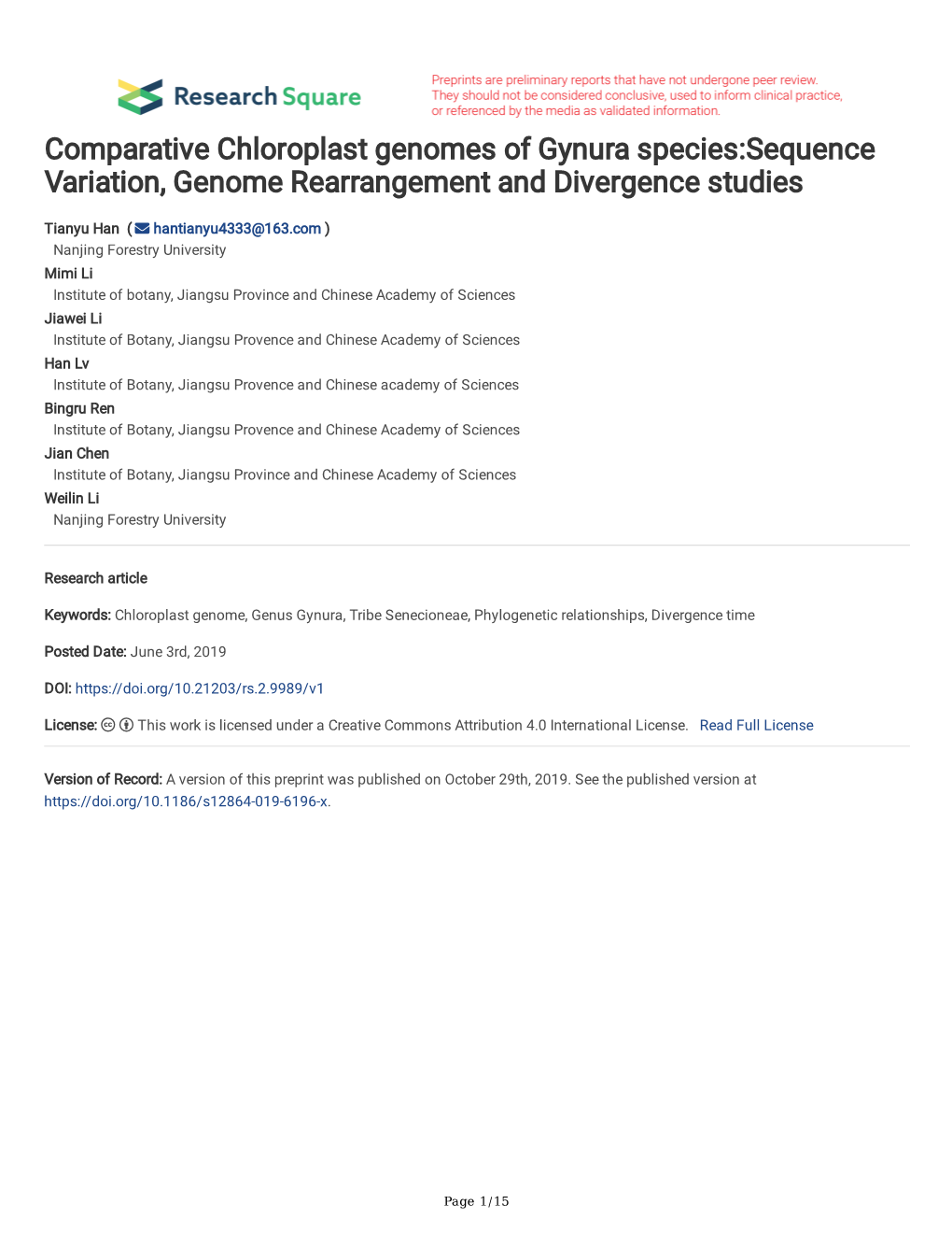 Comparative Chloroplast Genomes of Gynura Species:Sequence Variation, Genome Rearrangement and Divergence Studies