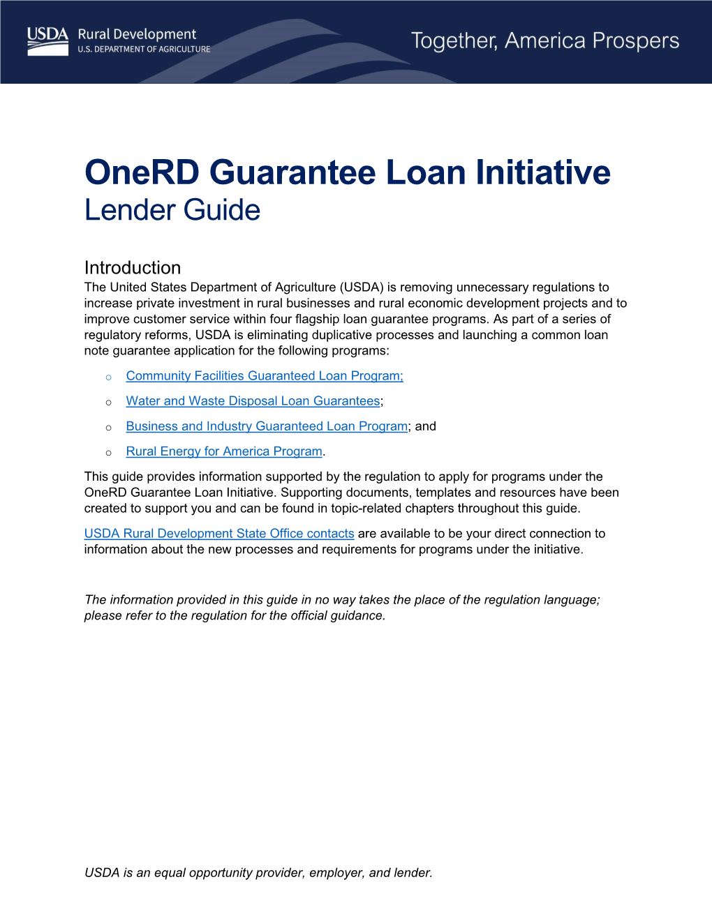 USDA Rural Development Onerd Guarantee Loan Initiative Lender Guide