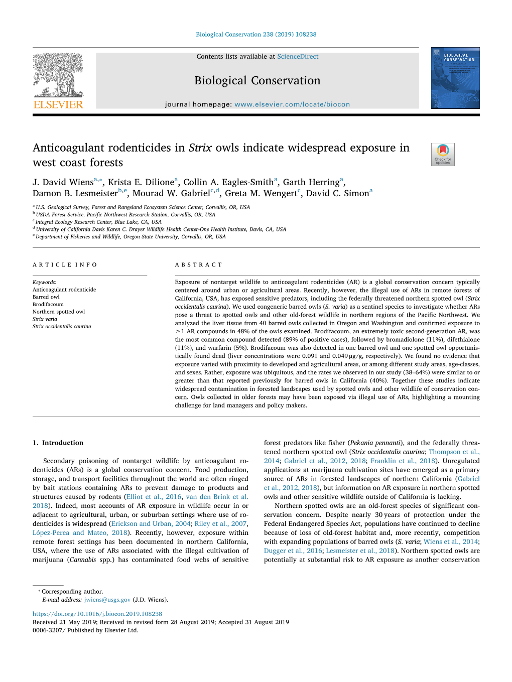 Anticoagulant Rodenticides in Strix Owls Indicate Widespread Exposure in West Coast Forests T ⁎ J