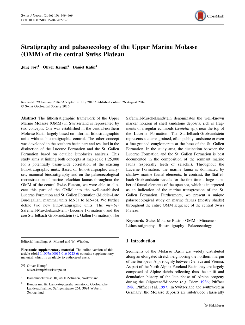 Stratigraphy and Palaeoecology of the Upper Marine Molasse (OMM) of the Central Swiss Plateau