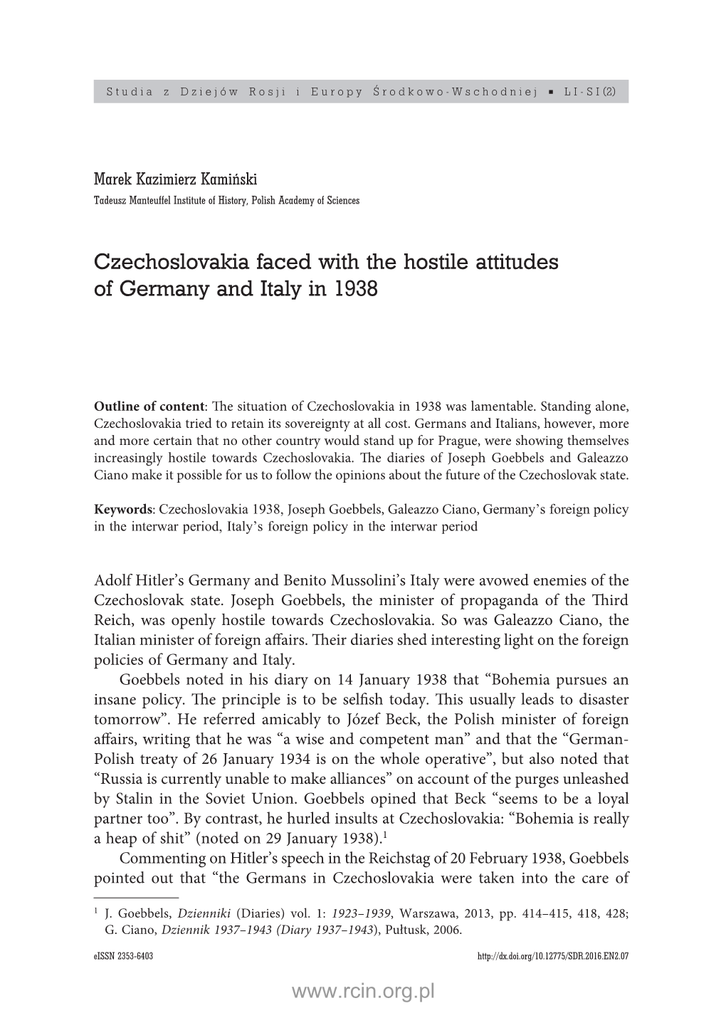 Czechoslovakia Faced with the Hostile Attitudes of Germany and Italy in 1938