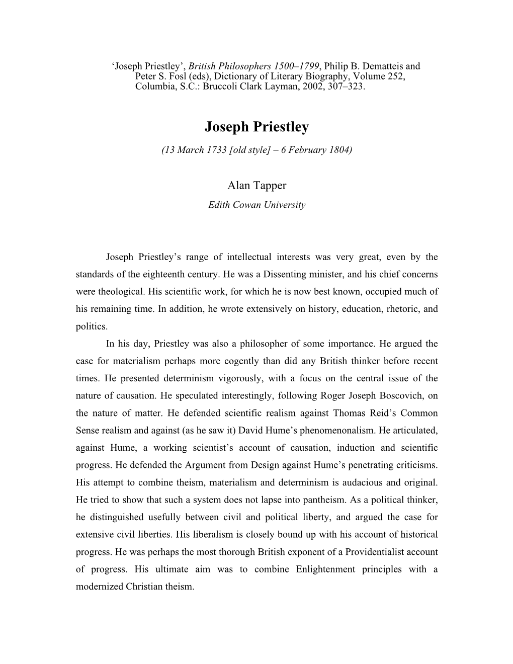 Joseph Priestley’, British Philosophers 1500–1799, Philip B