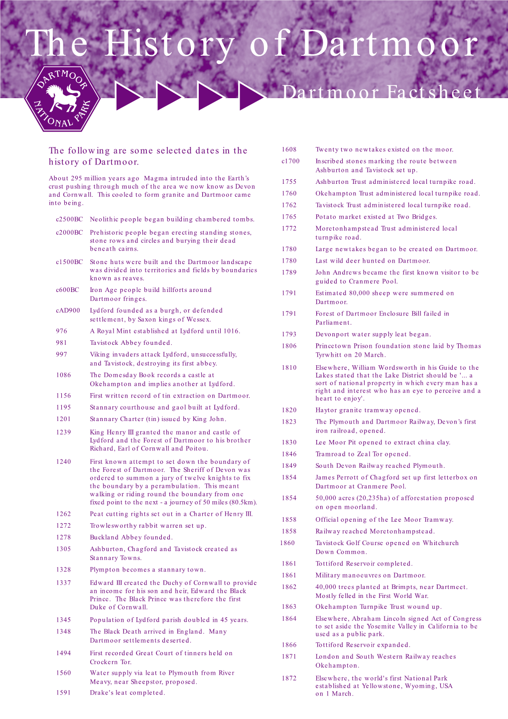 The History of Dartmoor Dartmoor Factsheet