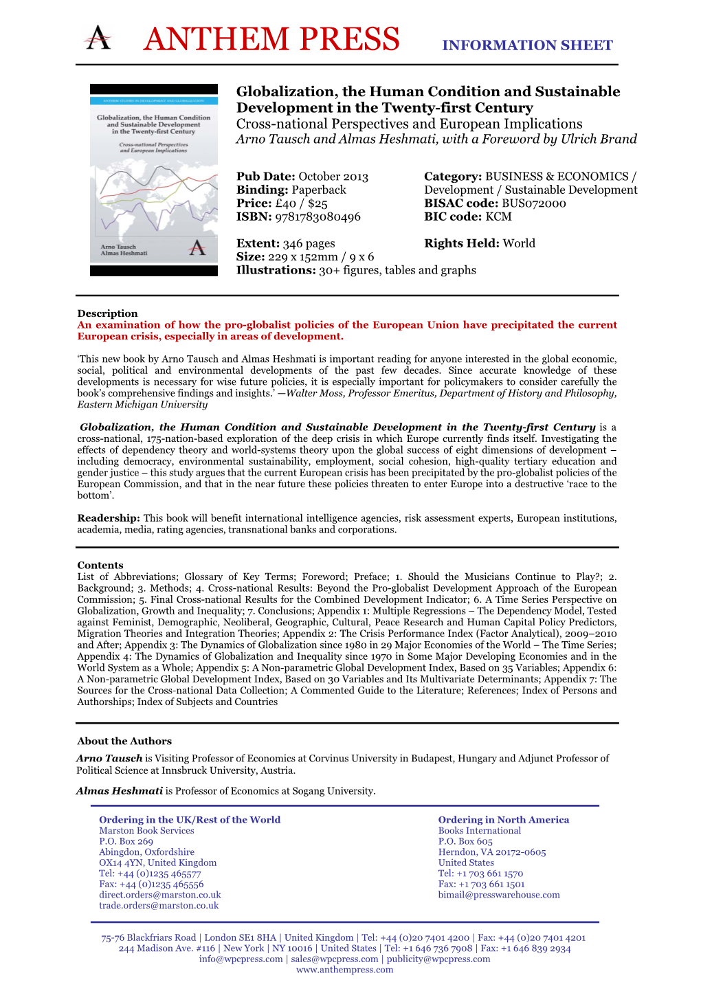 ANTHEM PRESS INFORMATION SHEET Globalization, the Human