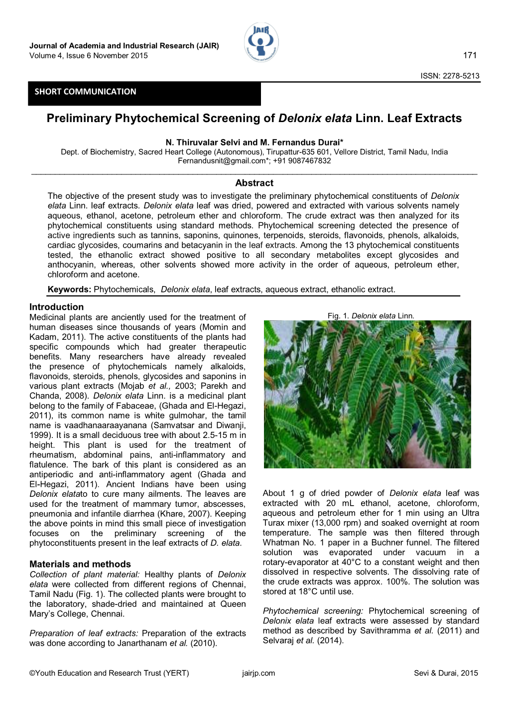 Preliminary Phytochemical Screening of Delonix Elata Linn. Leaf Extracts