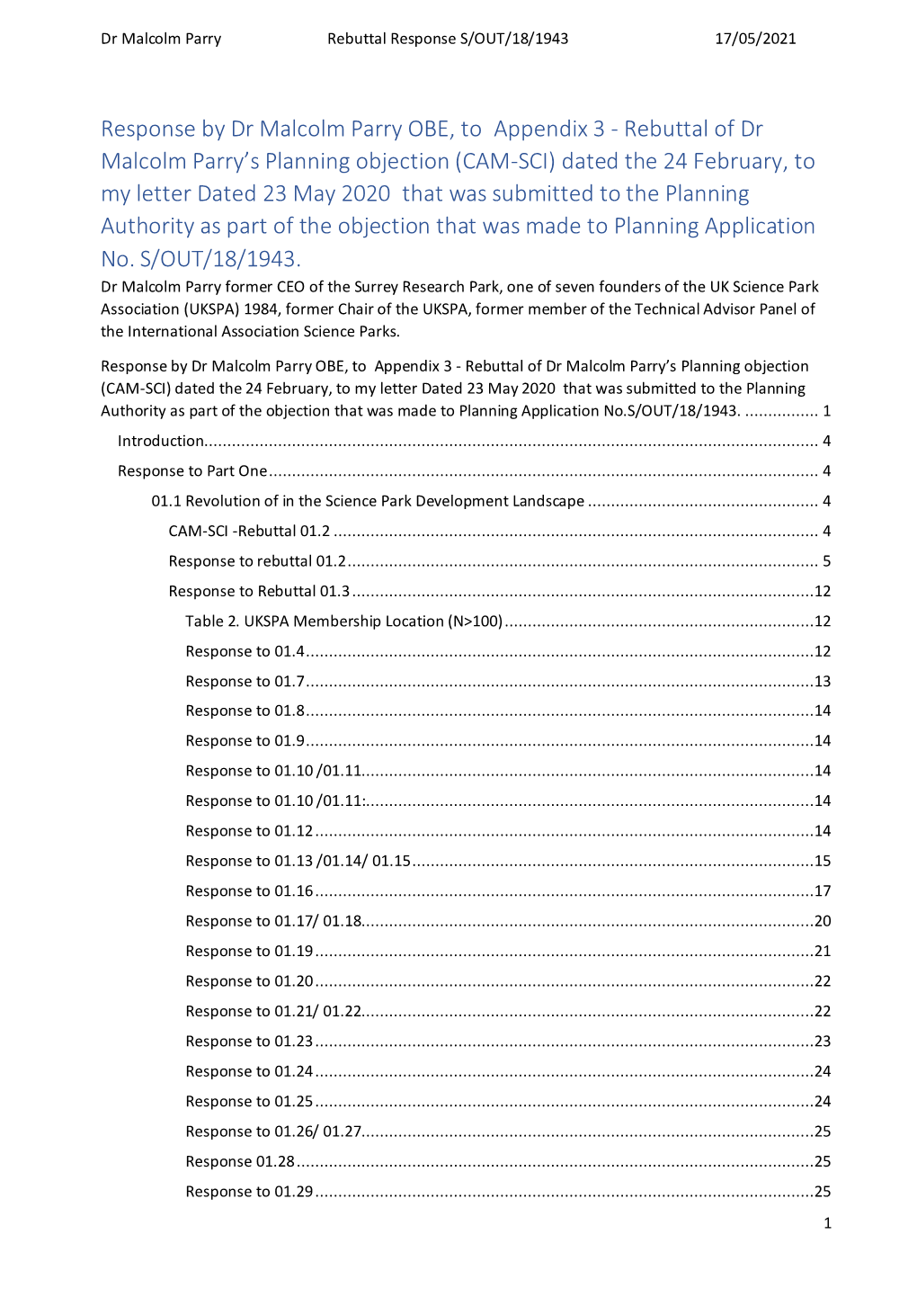 Rebuttal of Dr Malcolm Parry's Planning Objection (CAM-SCI)