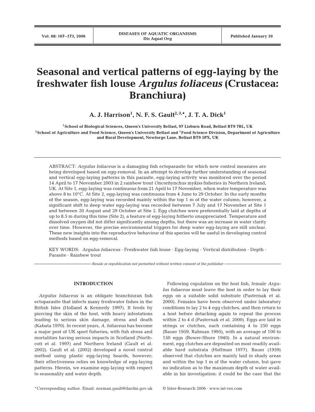 Seasonal and Vertical Patterns of Egg-Laying by the Freshwater Fish Louse Argulus Foliaceus (Crustacea: Branchiura)