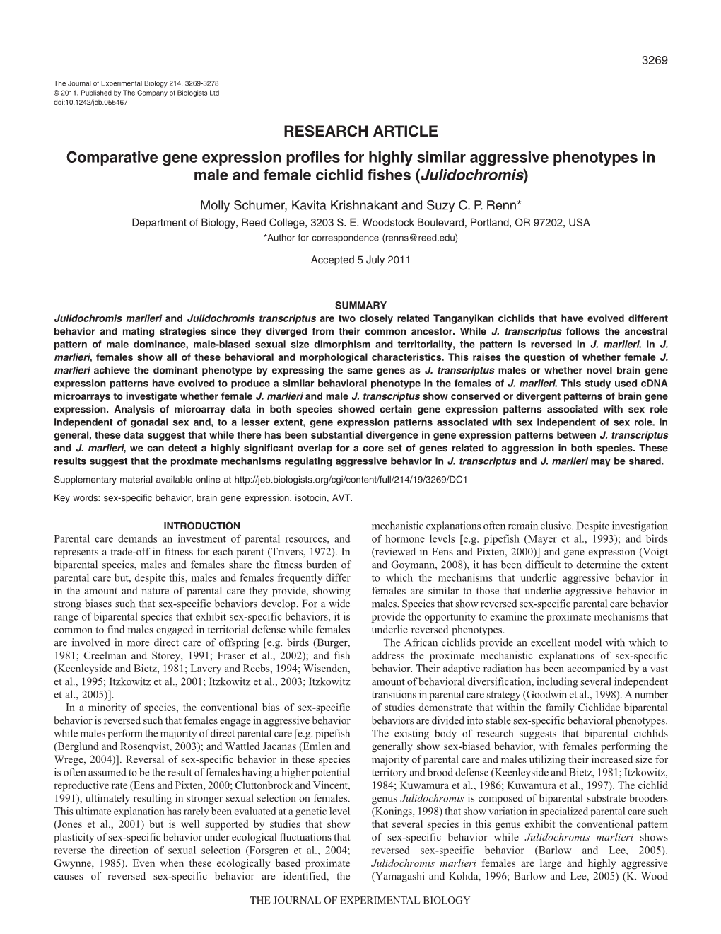 RESEARCH ARTICLE Comparative Gene Expression Profiles for Highly Similar Aggressive Phenotypes in Male and Female Cichlid Fishes (Julidochromis)