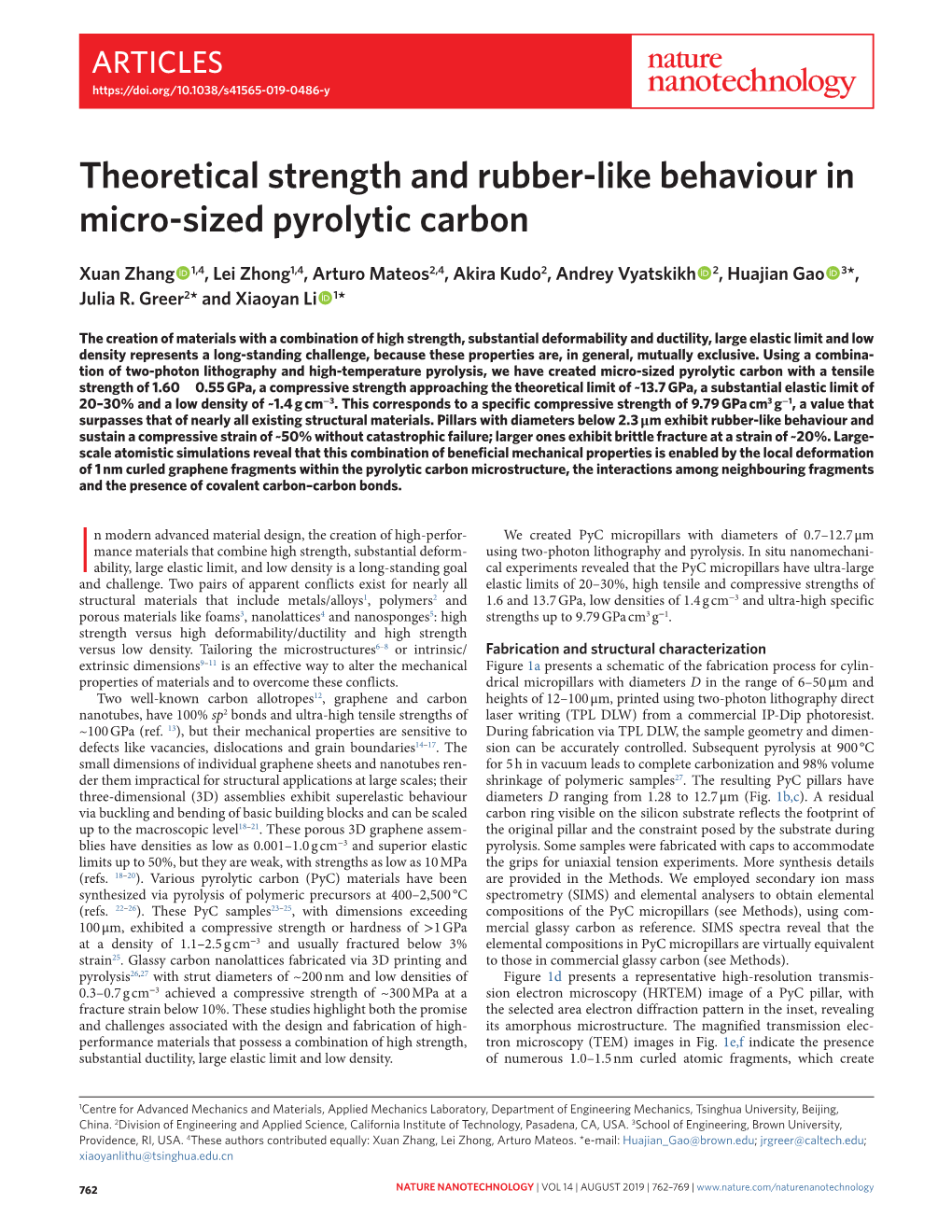 Theoretical Strength and Rubber-Like Behaviour in Micro-Sized Pyrolytic Carbon