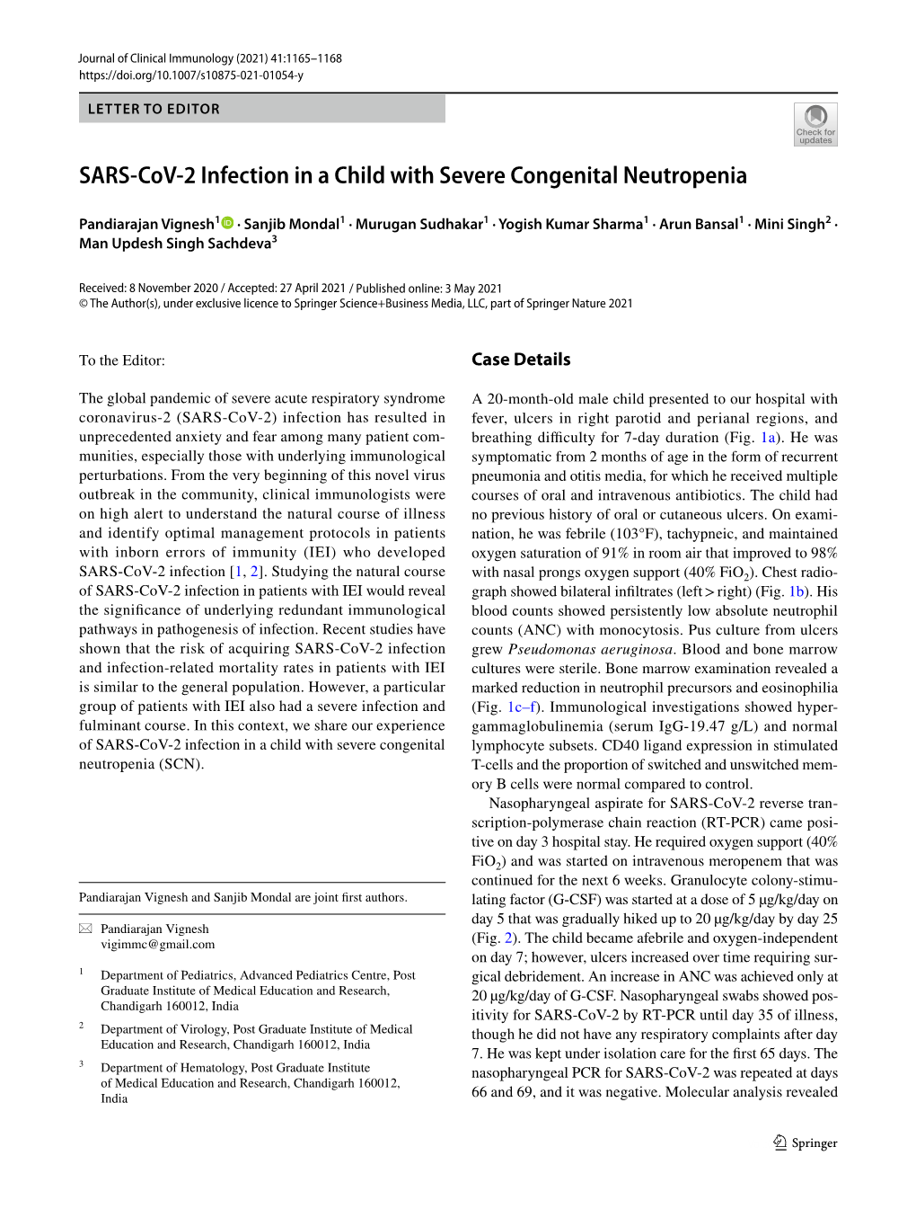 SARS-Cov-2 Infection in a Child with Severe Congenital Neutropenia