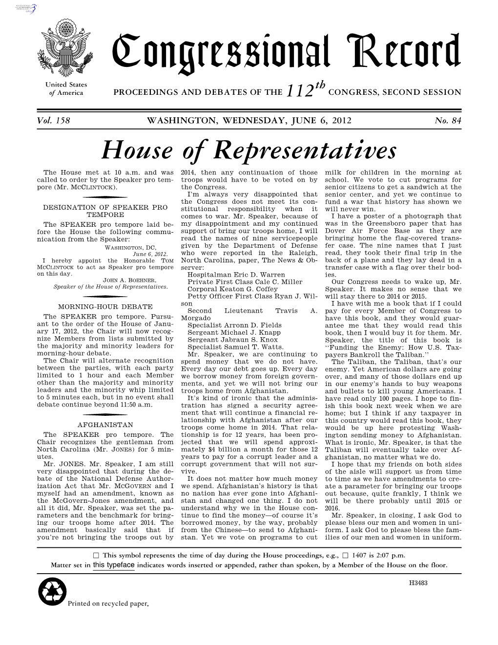 Congressional Record United States Th of America PROCEEDINGS and DEBATES of the 112 CONGRESS, SECOND SESSION