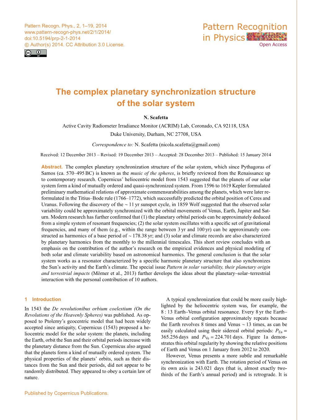 Pattern Recognition in Physics the Complex Planetary Synchronization