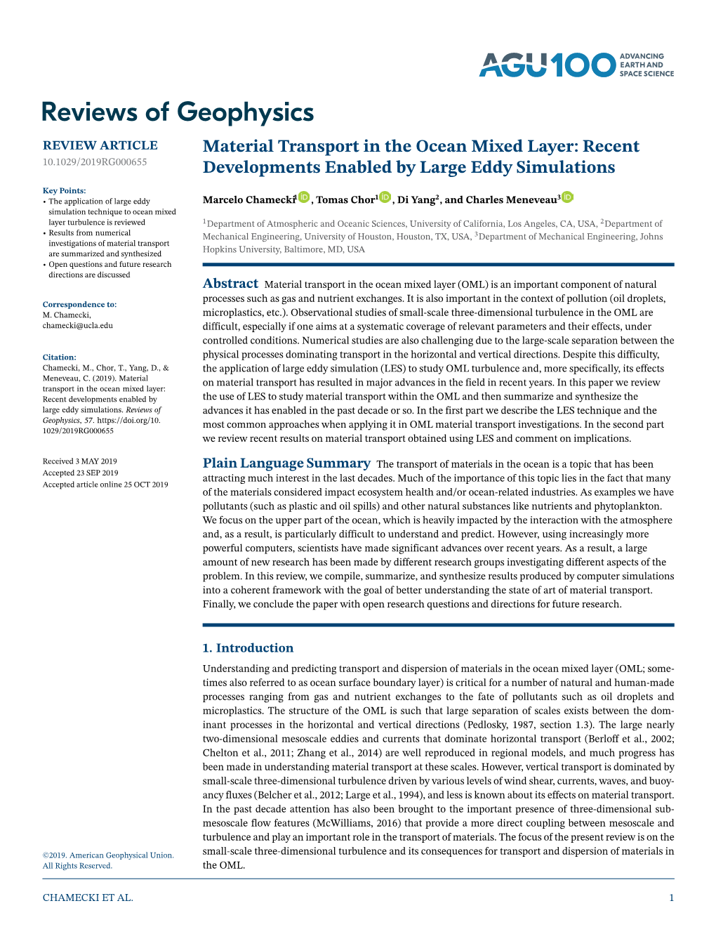 Material Transport in the Ocean Mixed Layer: Recent 10.1029/2019RG000655 Developments Enabled by Large Eddy Simulations