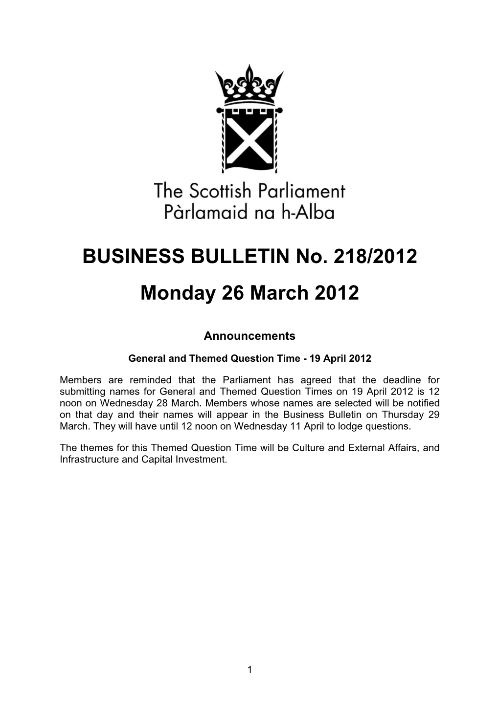 BUSINESS BULLETIN No. 218/2012 Monday 26 March 2012