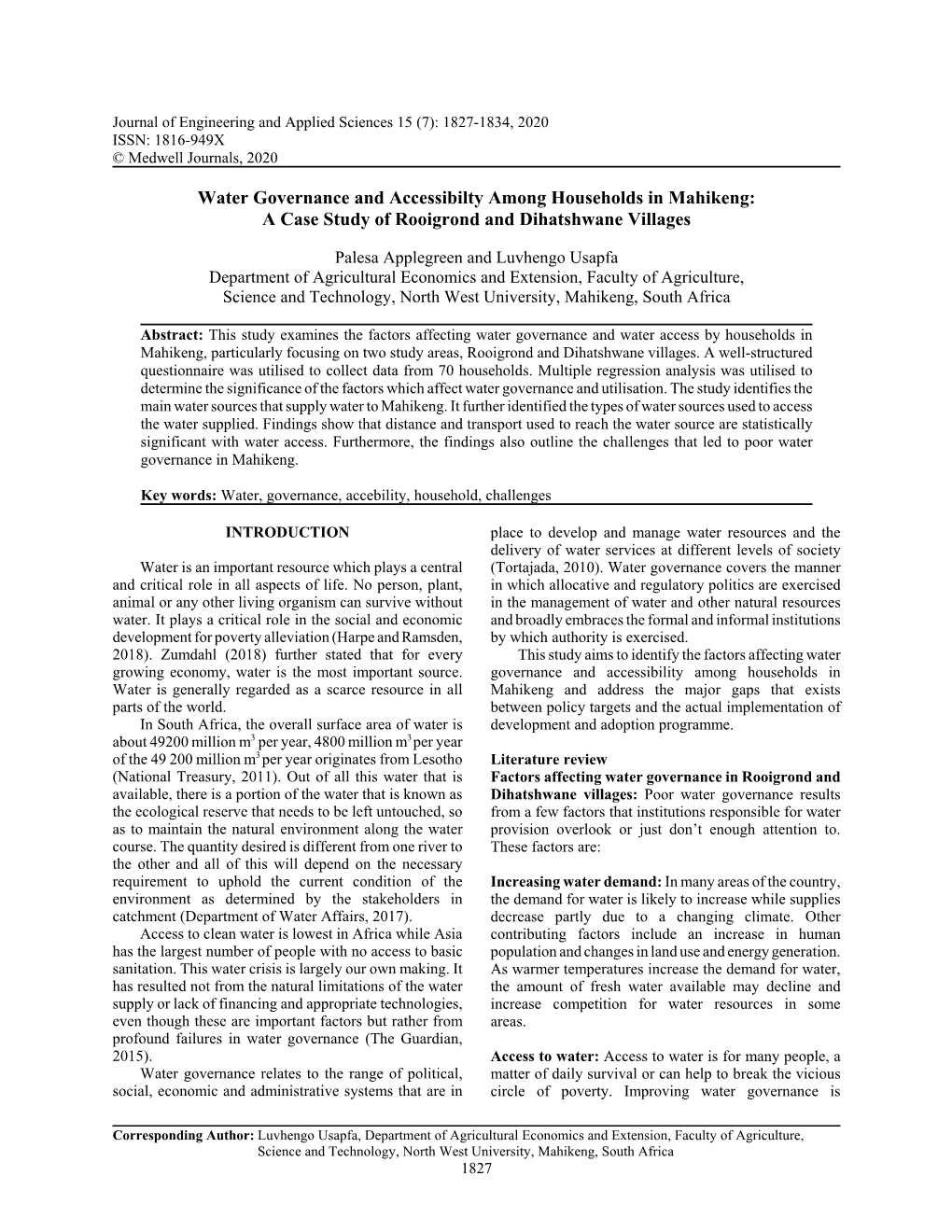 Water Governance and Accessibilty Among Households in Mahikeng: a Case Study of Rooigrond and Dihatshwane Villages