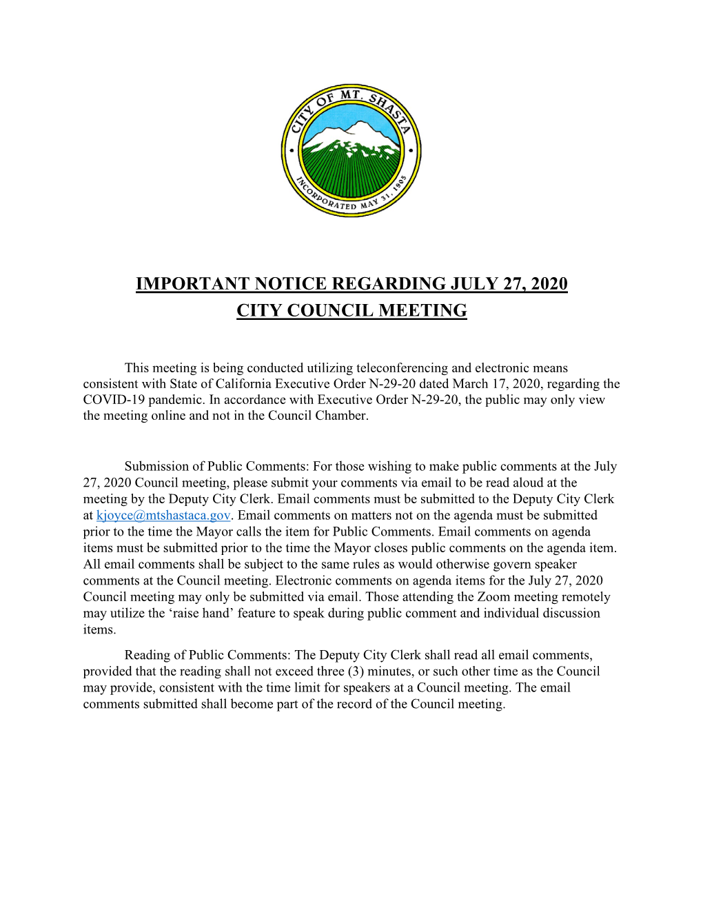 Important Notice Regarding July 27, 2020 City Council Meeting