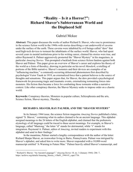 “Reality – Is It a Horror?”: Richard Shaver's Subterranean World and the Displaced Self