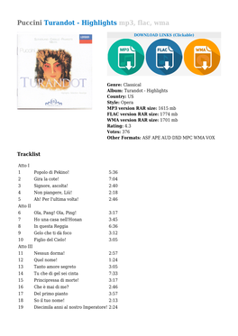 Puccini Turandot - Highlights Mp3, Flac, Wma