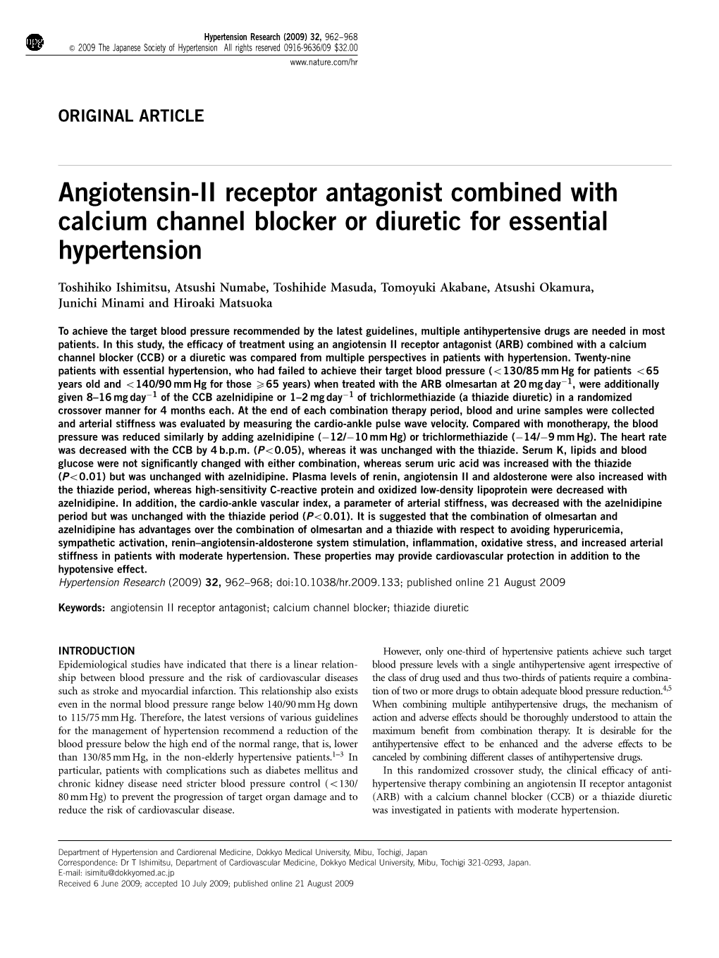Angiotensin-II Receptor Antagonist Combined with Calcium Channel Blocker Or Diuretic for Essential Hypertension