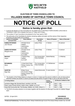 VILLAGES WARD of HATFIELD TOWN COUNCIL NOTICE of POLL Notice Is Hereby Given That