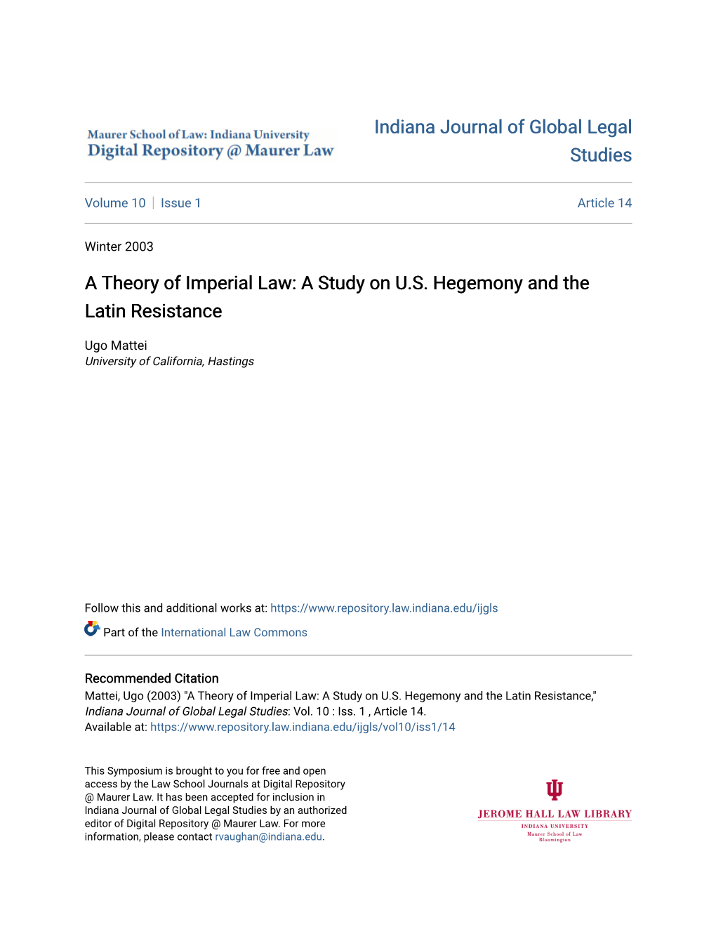 A Theory of Imperial Law: a Study on US Hegemony And