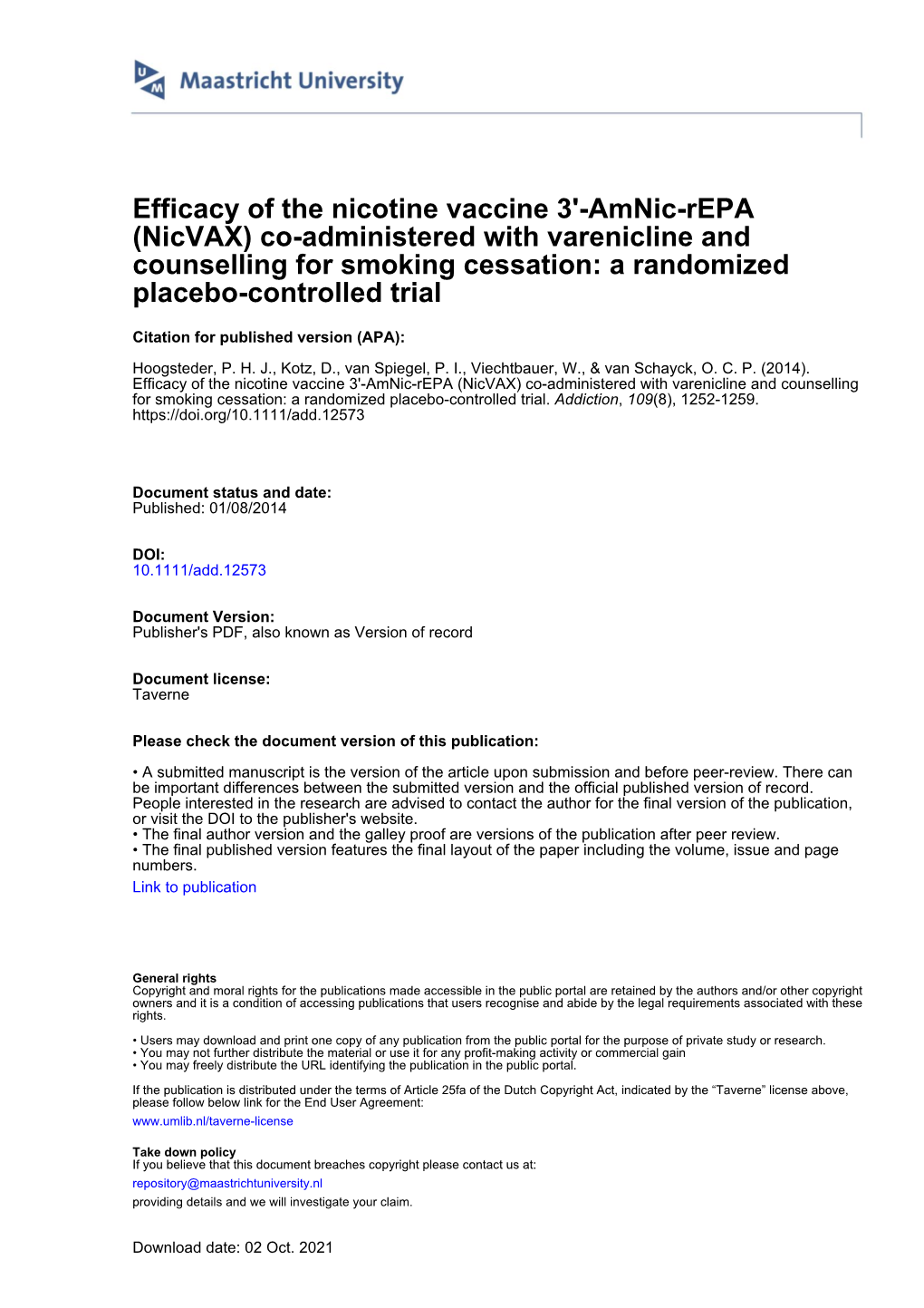 Efficacy of the Nicotine Vaccine 3′‐Amnic