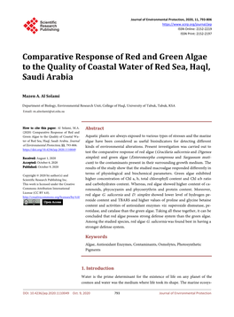 Comparative Response of Red and Green Algae to the Quality of Coastal Water of Red Sea, Haql, Saudi Arabia