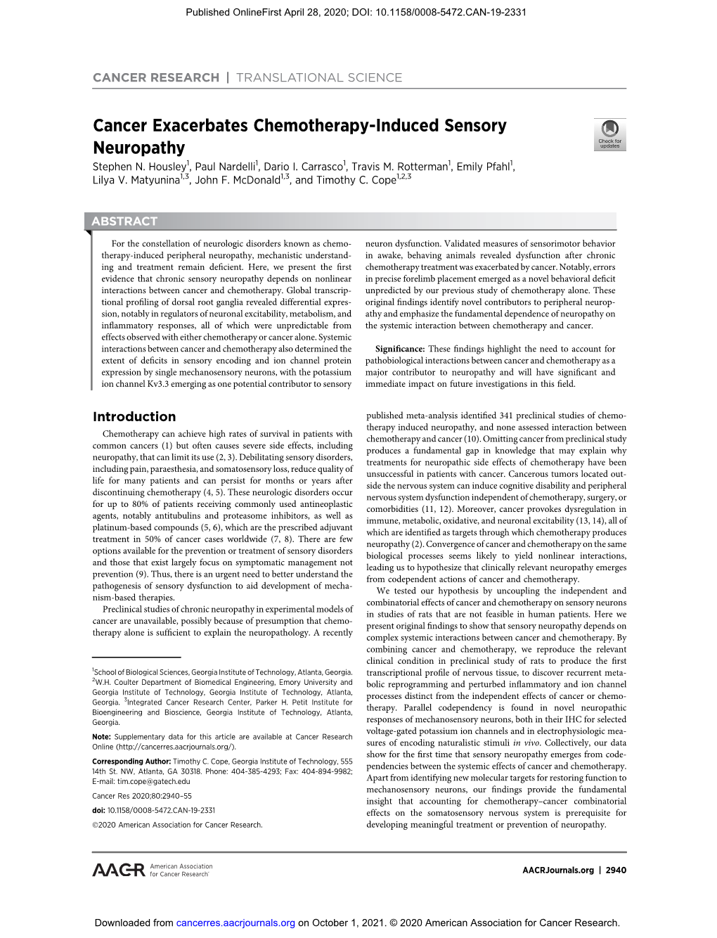 Cancer Exacerbates Chemotherapy-Induced Sensory Neuropathy Stephen N