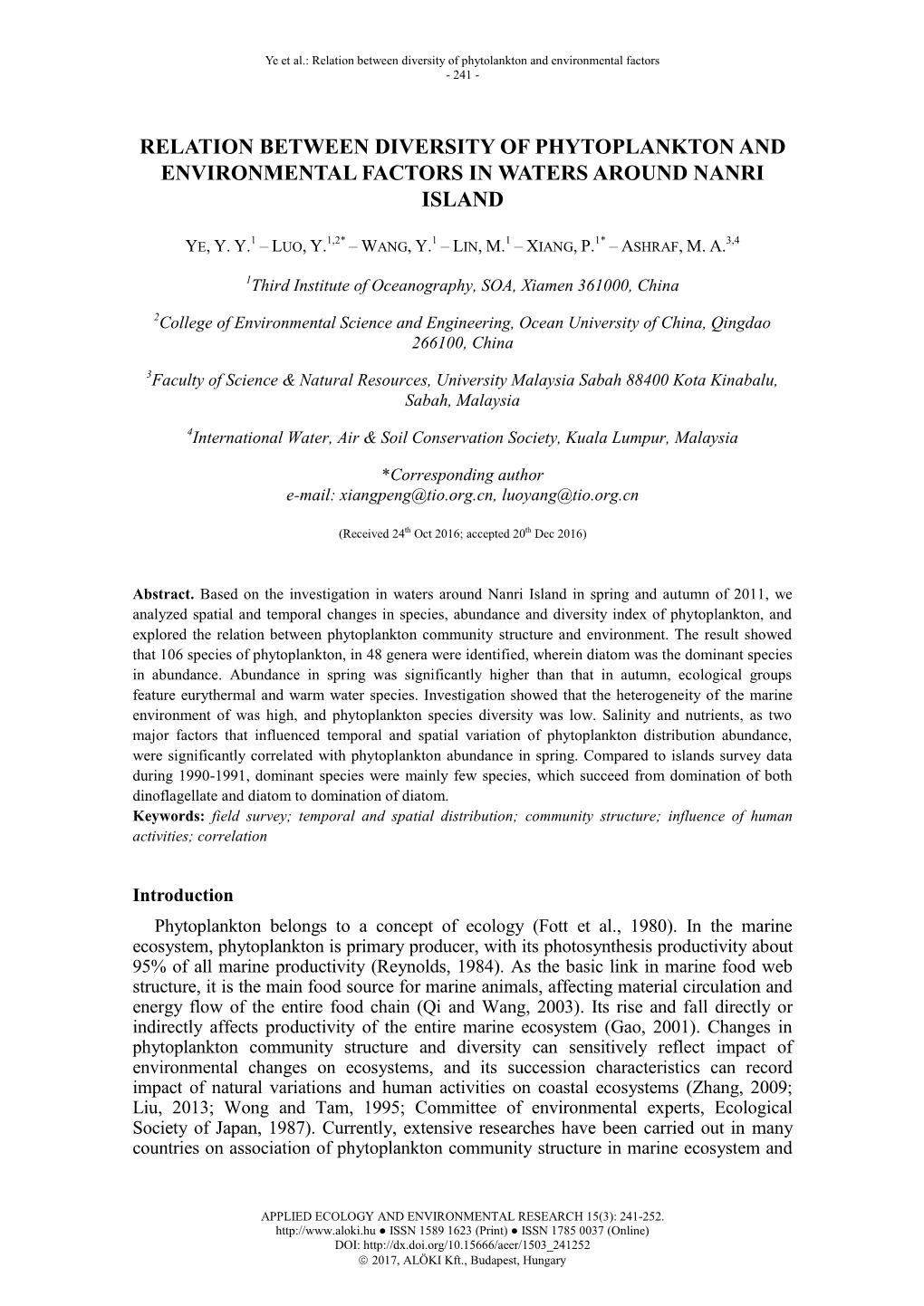 Relation Between Diversity of Phytoplankton and Environmental Factors in Waters Around Nanri Island