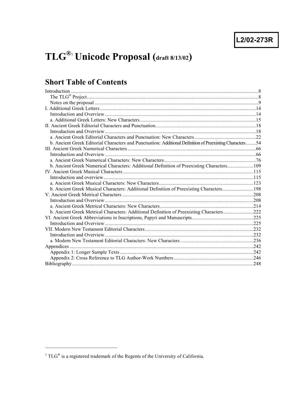 TLG ®1 Unicode Proposal (Draft 8/13/02)