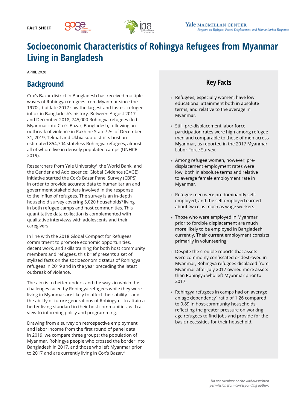 Socioeconomic Characteristics of Rohingya Refugees from Myanmar Living in Bangladesh