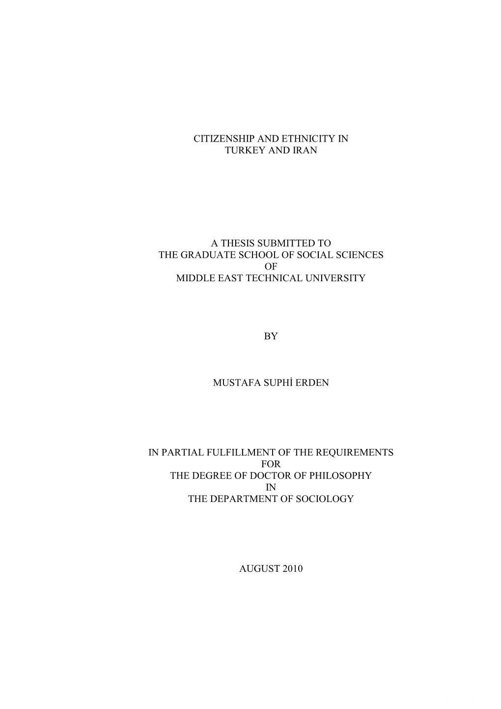 Citizenship and Ethnicity in Turkey and Iran a Thesis