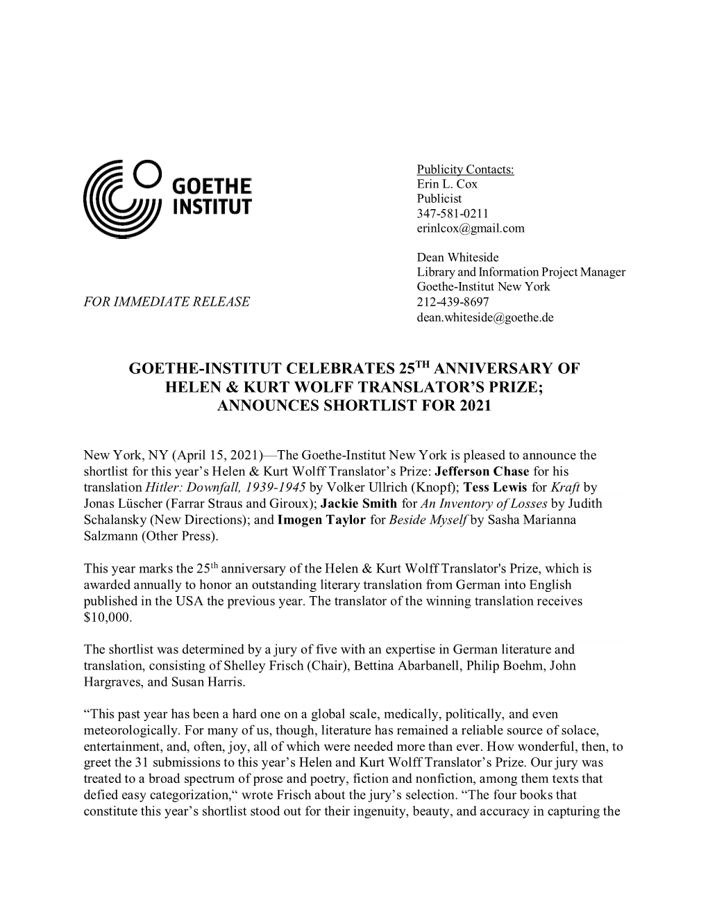 Goethe-Institut Celebrates 25Th Anniversary of Helen & Kurt Wolff Translator's Prize; Announces Shortlist for 2021
